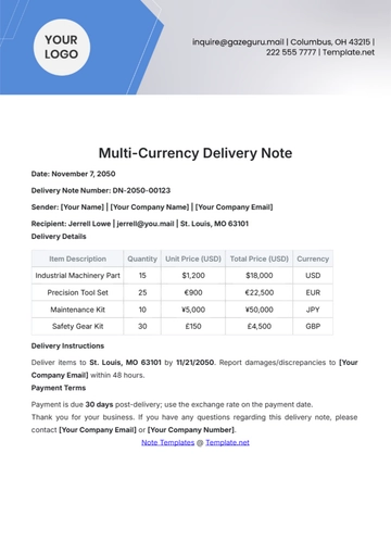 Free Multi-Currency Delivery Note Template to Edit Online