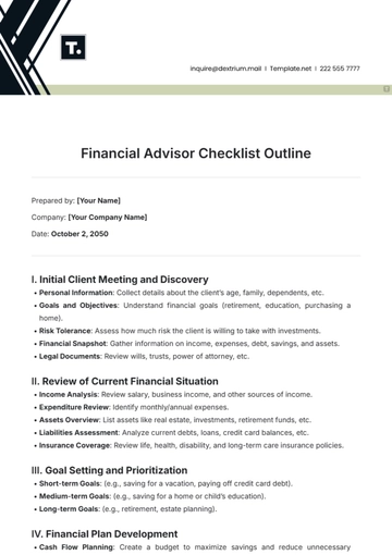 Free Financial Advisor Checklist Outline Template to Edit Online