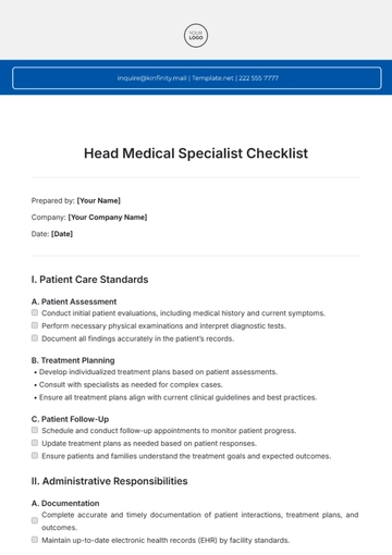 Free Head Medical Specialist Checklist Template to Edit Online