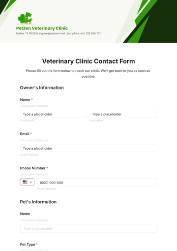 Free Veterinary Clinic Contact Form Template to Edit Online