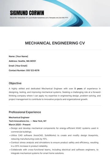 Free Mechanical Engineering CV Template to Edit Online
