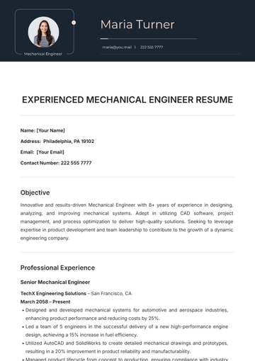 Free Experienced Mechanical Engineer Resume Template to Edit Online