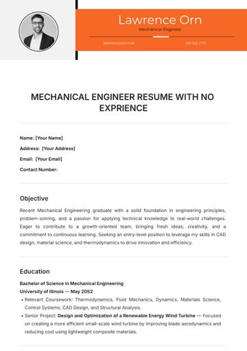 Free Mechanical Engineer Resume with No Experience Template to Edit Online