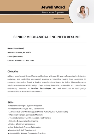 Free Senior Mechanical Engineer Resume Template to Edit Online