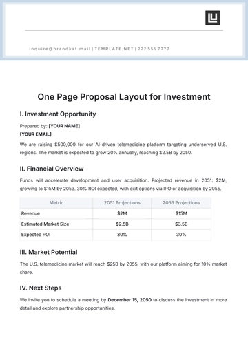 Free One Page Proposal Layout for Investment Template to Edit Online