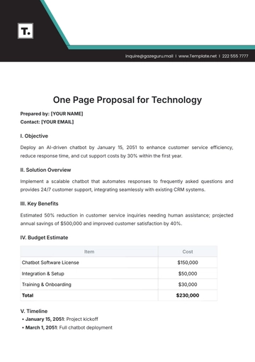 Free One Page Proposal for Technology Template to Edit Online