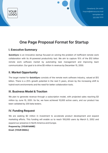 Free One Page Proposal Format for Startup Template to Edit Online