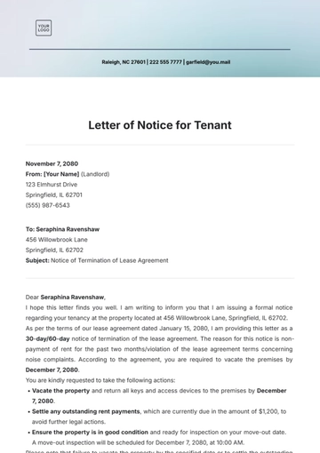 Free Letter of Notice for Tenant Template to Edit Online