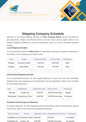 Free Shipping Company Schedule Template to Edit Online
