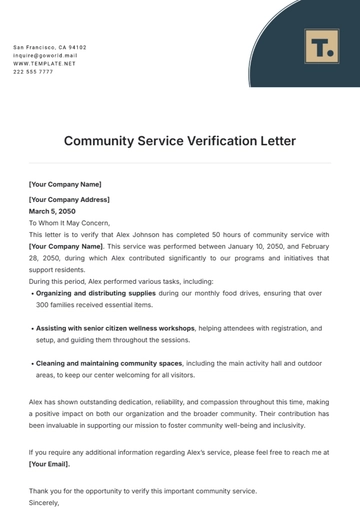 Free Community Service Verification Letter Template to Edit Online