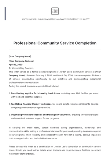 Free Professional Community Service Completion Letter Template to Edit Online