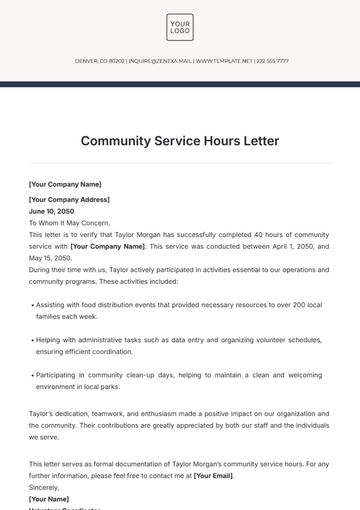 Free Community Service Hours Letter Template to Edit Online