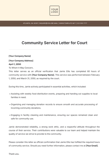 Free Community Service Letter for Court Template to Edit Online