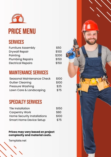Free Handyman Service Price Menu Template to Edit Online