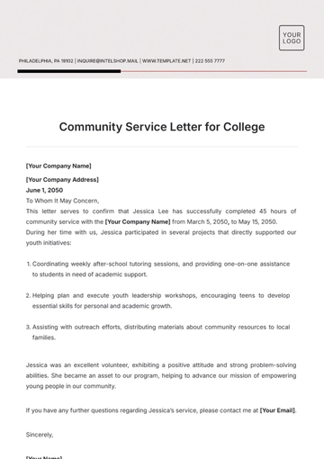 Free Community Service Letter for College Template to Edit Online