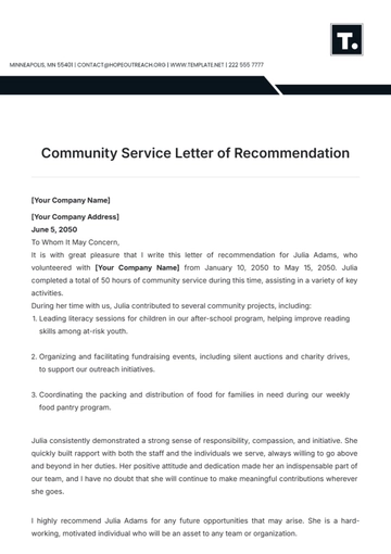 Free Community Service Letter of Recommendation Template to Edit Online