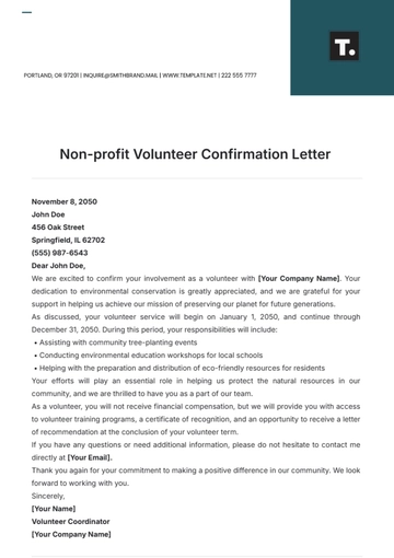 Free Non-profit Volunteer Confirmation Letter Template to Edit Online