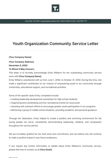 Free Youth Organization Community Service Letter Template to Edit Online