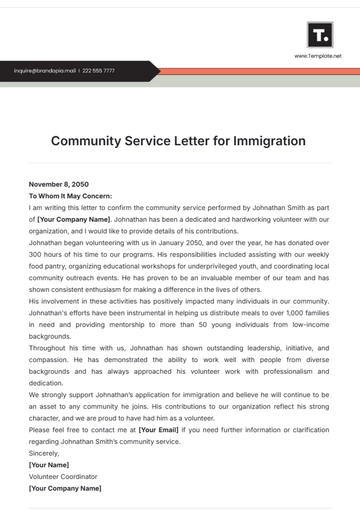 Free Community Service Letter for Immigration Template to Edit Online