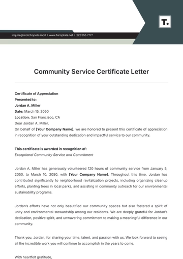 Free Community Service Certificate Letter Template to Edit Online