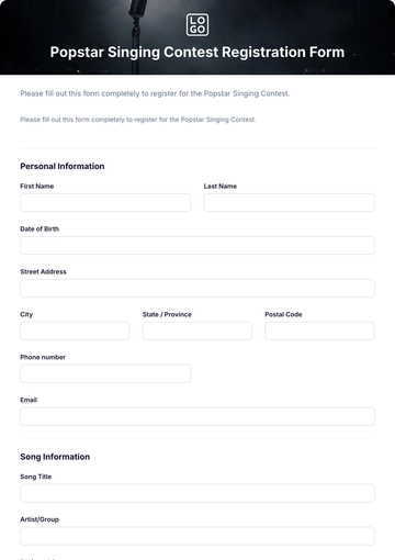 Free Popstar Singing Contest Registration Form Template to Edit Online