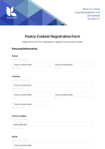 Free Poetry Contest Registration Form Template to Edit Online