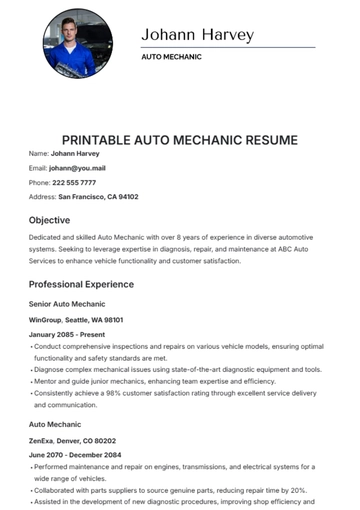 Free Printable Auto Mechanic Resume Template to Edit Online