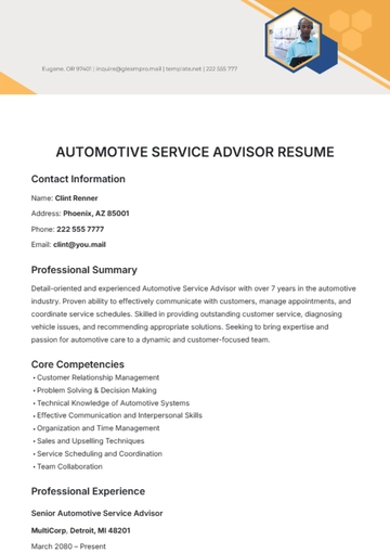 Free Automotive Service Advisor Resume Template to Edit Online