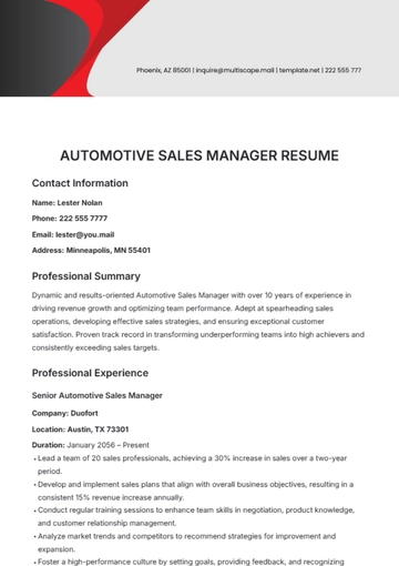 Free Automotive Sales Manager Resume Template to Edit Online