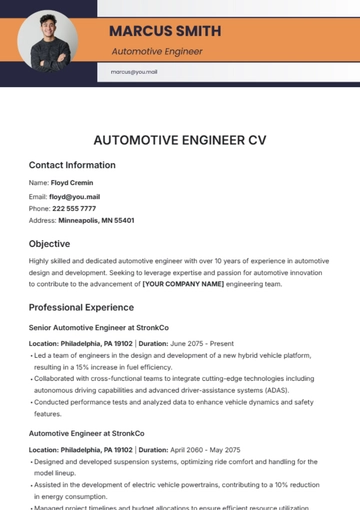 Free Automotive Engineer CV Template to Edit Online