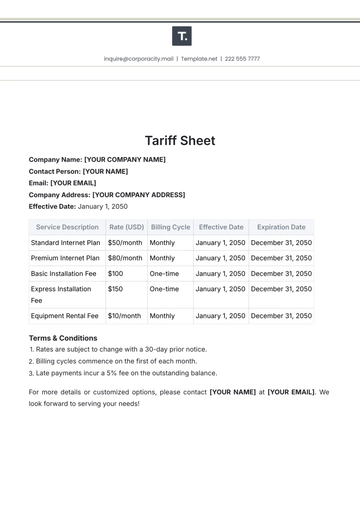 Free Tariff Sheet Template to Edit Online