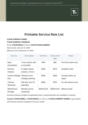 Free Printable Service Rate List Template to Edit Online