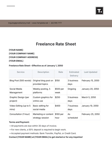 Free Freelance Rate Sheet Template to Edit Online