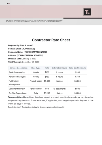 Free Contractor Rate Sheet Template to Edit Online
