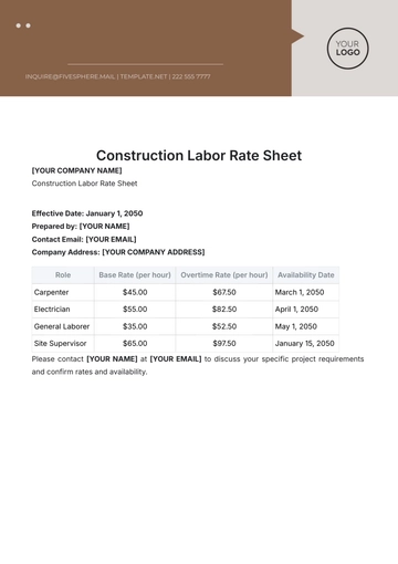Free Construction Labor Rate Sheet Template to Edit Online