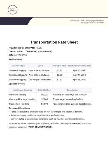 Free Transportation Rate Sheet Template to Edit Online