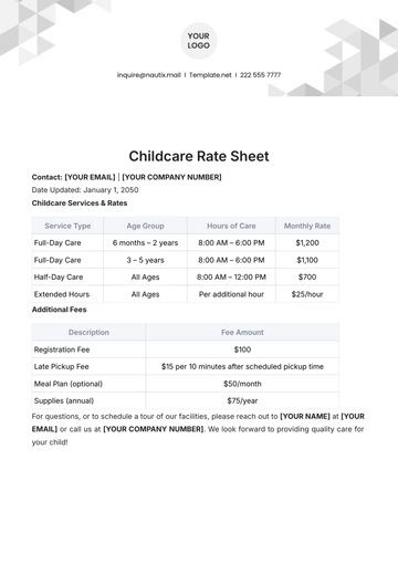 Free Childcare Rate Sheet Template to Edit Online