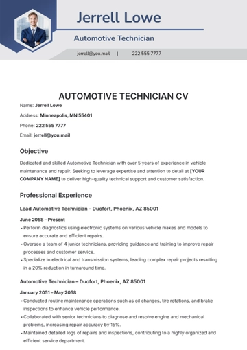 Free Automotive Technician CV Template to Edit Online