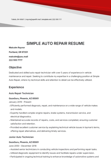 Free Simple Auto Repair Resume Template to Edit Online
