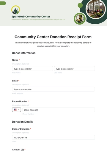 Free Community Center Donation Receipt Form Template to Edit Online
