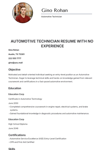 Free Automotive Technician Resume with No Experience Template to Edit Online