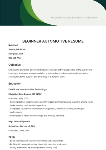 Free Beginner Automotive Resume Template to Edit Online