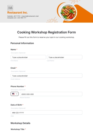 Free Cooking Workshop Registration Form Template to Edit Online