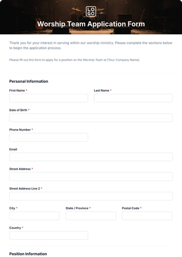 Free Worship Team Application Form Template to Edit Online
