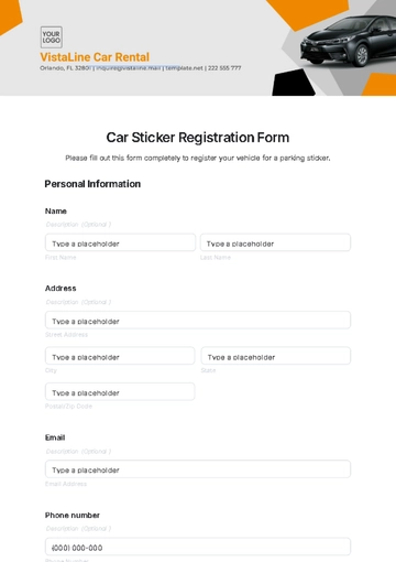 Free Car Sticker Registration Form Template to Edit Online