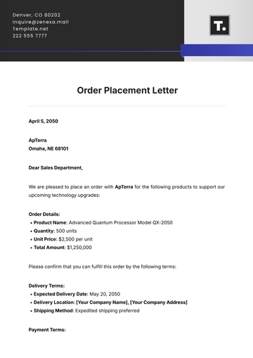 Free Order Placement Letter Template to Edit Online