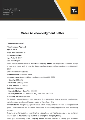 Free Order Acknowledgment Letter Template to Edit Online