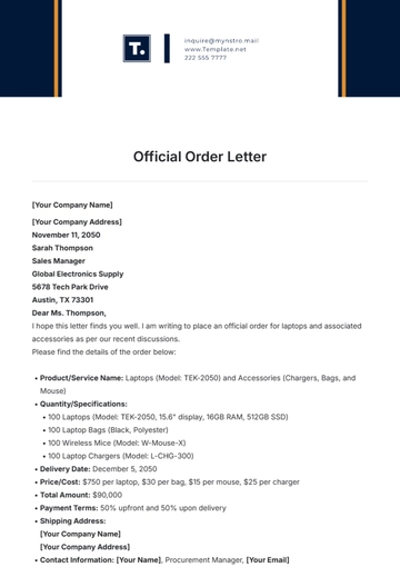 Free Official Order Letter Template to Edit Online