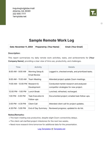 Free Sample Remote Work Log Template to Edit Online