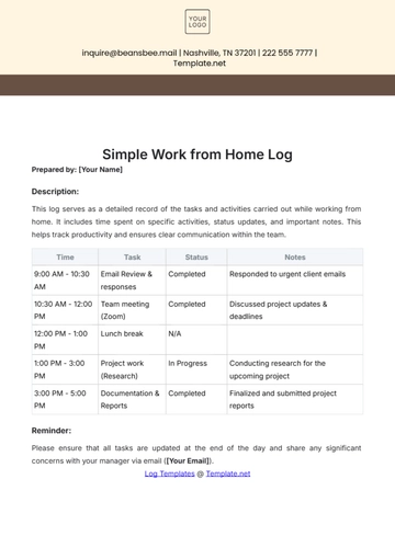 Free Simple Work from Home Log Template to Edit Online